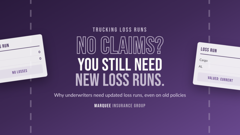 Trucking loss runs graphic reading "No claims? You still need new loss runs." with sample loss run reports