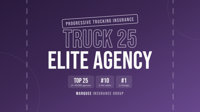Progressive trucking insurance graphic reading “Truck 25 Elite Agency” showing Top 25 of about 40,000 agencies, #10 in the nation and #1 in Georgia